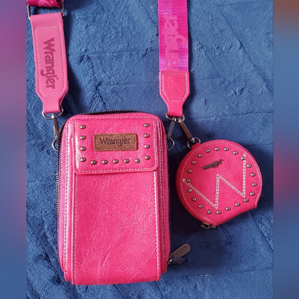 NEW Wrangler Hot Pink Crossbody Purse Phone Wallet Bag Coin Pouch & Stud Details
